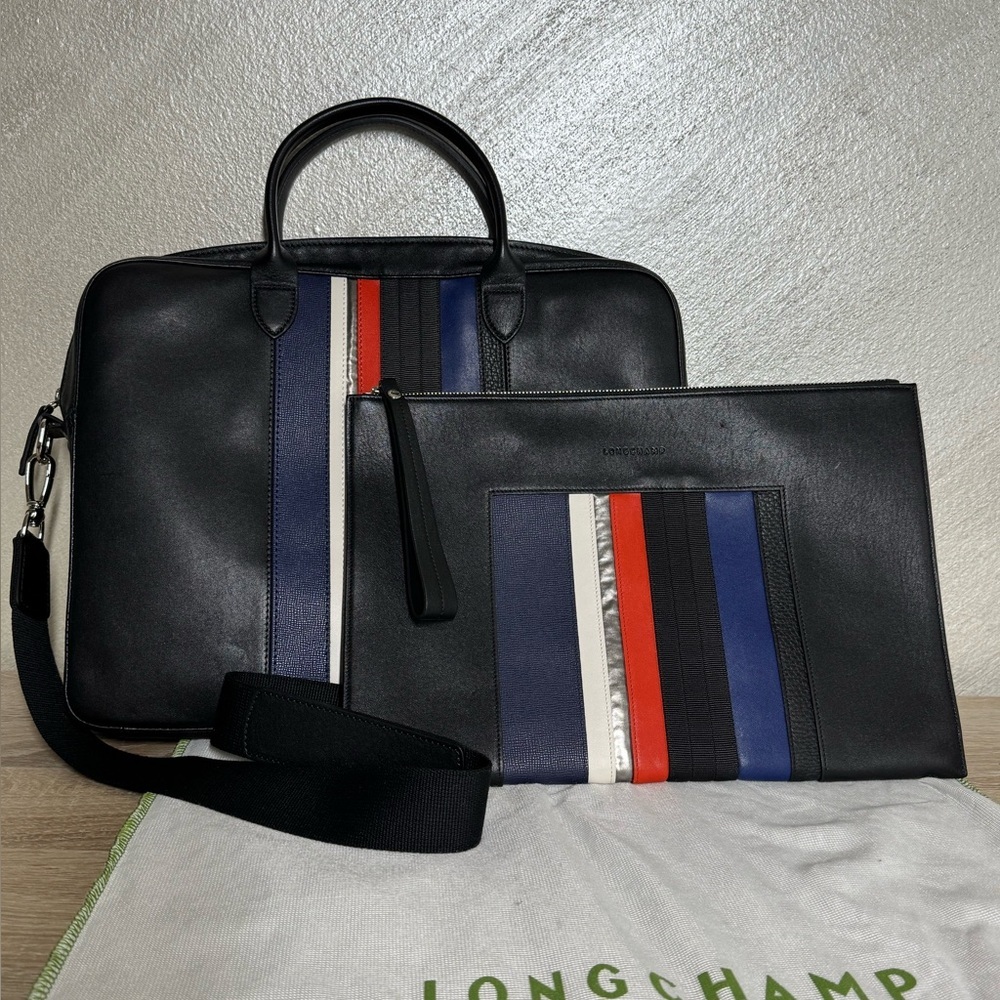 Longchamp Black Leather Colorful Stripes Briefcase and Pouch Set Signature